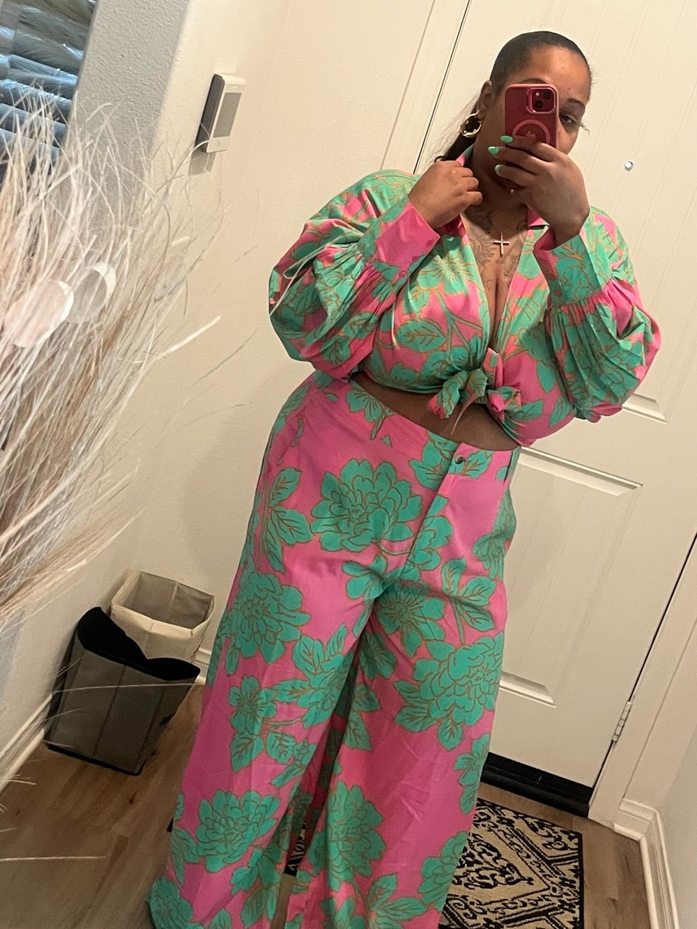 Pink and Green Floral Two-Piece Set - Cropped Tie Top & Wide Leg Pants - Picture 4 of 5